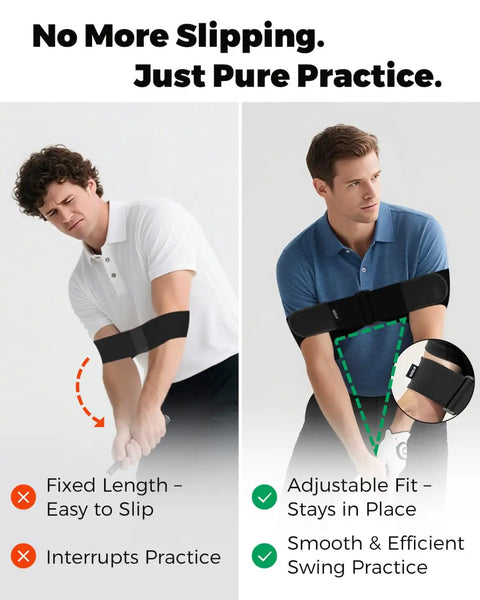 Two men demonstrating Adjustable Golf Swing Trainer Arm Band For All Skill Levels keeps arms connected and fixes chicken wing