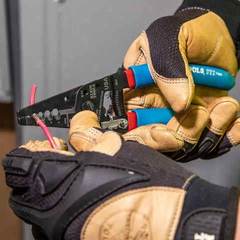 Hands using Curve Wire Stripper And Cutter For 6-12 AWG Stranded Wire, 7-1/8 Inch Hand Tool With Precision Ground Stripping Holes