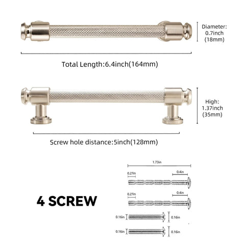 10 Pack 5 Inch 128mm Knurled Brushed Satin Nickel Kitchen Cabinet Handles dimensions and features diagram with 4 screws.