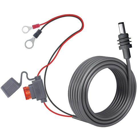 Direct Battery Power Cable For Starlink Mini 5M 16.4ft 18AWG DC Cable With Fuse Holder showing coiled design and battery ring terminals