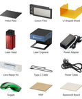 ICube Pro Max 10W Mini Laser Engraver accessories including metal plate, cotton filter, U-shaped shield, laser head, power adapter, lens repair kit, cables, goggles, MDF, basswood board.
