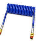 Absolutely Sick Quality 15 Foot Blue Coiled Air Line Hose With Half Inch Male Pipe Fittings Great For Heavy Duty Universal Pneumatic Repair Jobs And Your Daily Garage Grind Right Now Today. Blue coiled air hose with brass male pipe fittings