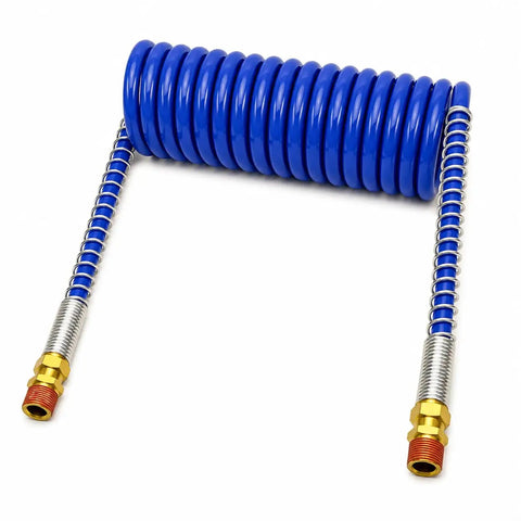Absolutely Sick Quality 15 Foot Blue Coiled Air Line Hose With Half Inch Male Pipe Fittings Great For Heavy Duty Universal Pneumatic Repair Jobs And Your Daily Garage Grind Right Now Today. Blue coiled air hose with brass male pipe fittings