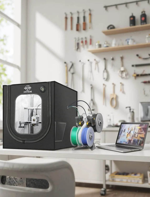 Side view of Tough As Nails 3D Printer Enclosure With LED Light for A1 and A1 Mini, installed in a workspace, showcasing its compact design.