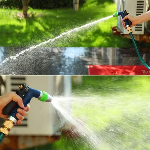 Water spraying from a blue nozzle of Heavy Duty Retractable Garden Hose Reel With 20m Hose Portable Stainless Steel Cart Wall Mount Manual Rewind System.