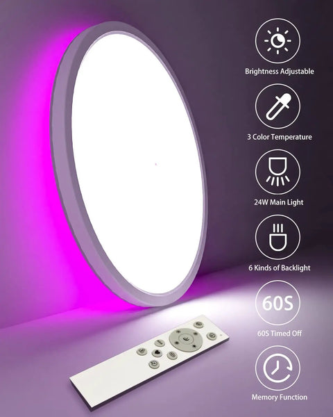 Dimmable Smart LED Ceiling Light Flush Mount 12 Inch 24W 3200 Lumens Remote Control Color Adjustable RGB Lamp with remote