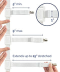 Adjustable Elastic Bed Sheet Holders With Strong Metal Clips showing dimensions 5" to 25" stretched for smooth surface fitting.