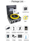 Heavy Duty Waterproof Snake Camera With Dual Lens And 9 Inch Color Monitor Game Changing Drain Inspection Kit package contents including cables and monitor.