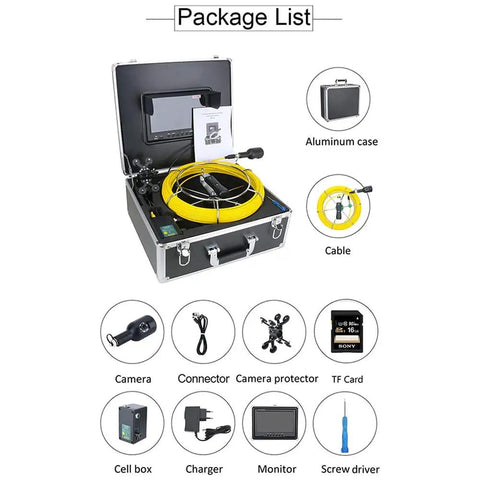 Heavy Duty Waterproof Snake Camera With Dual Lens And 9 Inch Color Monitor Game Changing Drain Inspection Kit package contents including cables and monitor.