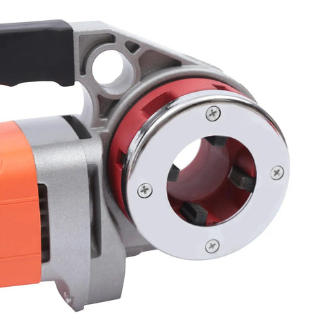 Close-up of 2300w Electric Pipe Threader Machine With Six Dies. Handheld power drive for threading galvanized steel and iron pipes.