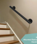 Black Metal Stair Railing Kit Heavy Duty Indoor Outdoor Wall Mounted Handrail For Garage Basement Porch Steps And Deck Safe Grab Bar For Elderly And Everyday Use Sturdy As Heck installed on indoor staircase