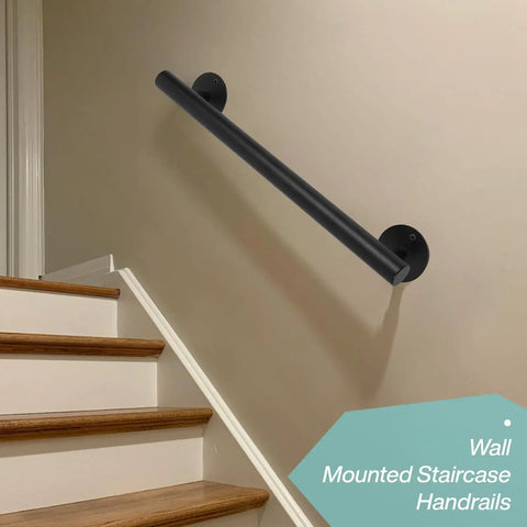 Black Metal Stair Railing Kit Heavy Duty Indoor Outdoor Wall Mounted Handrail For Garage Basement Porch Steps And Deck Safe Grab Bar For Elderly And Everyday Use Sturdy As Heck installed on indoor staircase