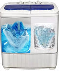 No Fuss Portable Twin Tub Washer And Dryer For Shoes And Clothes Compact 220V Dual Drum Laundry Machine with sneakers being cleaned.