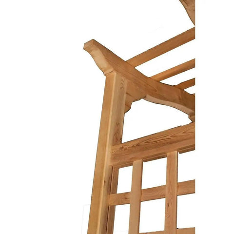 Top corner detail of Cedar Garden Arbor With Lattice For Climbing Plants, Golden Brown Natural Wood Finish, 47 Inch Wide