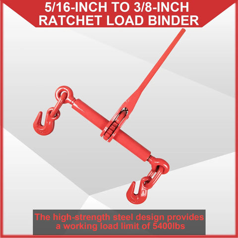 Heavy Duty Ratchet Load Binders With Grab And Slip Hooks Five Sixteenths To Three Eighths Inch For Cargo Flatbed Trailers Two Pack Red