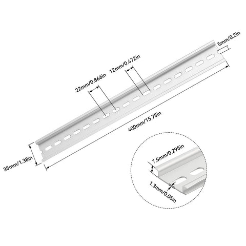 Heavy Duty 16 Inch Aluminum DIN Rail 35mm Wide Slotted Top Hat Mounts showing dimensions in inches and mm.