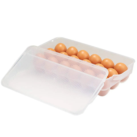 Covered Egg Holder For Fridge That Keeps Up To 18 Eggs Fresh in open view, heavy-duty plastic organizer showing multiple brown eggs inside.