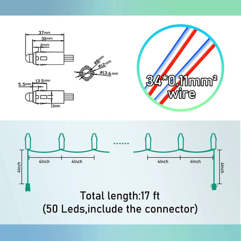 Diagram of 12V 500 Pack WS2811 RGB LED Pixels, showing wire dimensions, 17 ft length, 12mm diffused lights with JST connector spacing.