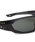 Shop Ready Wrap Around Safety Glasses Featuring Anti Scratch Lens Coating And Polarized Grey Tint For All Day Grind Universal Fit Grey Black Frame Cushioned Temples Secure Fit Bridge side view