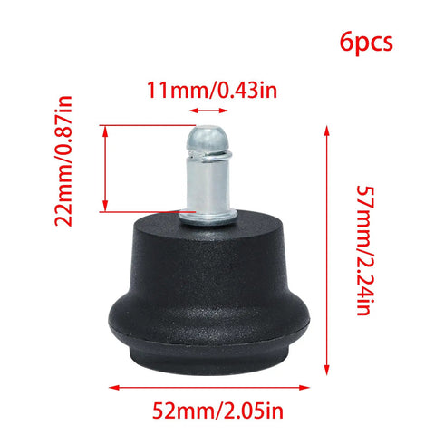 Top Tier Black Bell Glides For Office Chairs Six Pack Swivel Casters with 11mm steel stem and dimensions for easy use.