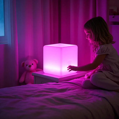 Child with Rechargeable 12 Inch LED Light Cube Stool With Remote Control Mood Lamp Soothing Night Light For Home Patio Kids Room And Nursery 16 Color Options 4 Modes 8 Brightness Levels Color Changing Decorative Lighting on a nightstand