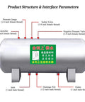 Solid 304 Stainless Steel Bladder Water Pressure Tank, 224 Gallon Capacity showing pressure gauge and thread ports.