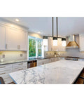 Six Light Pendant In Brushed Nickel Finish With Frosted White Cube Glass For Modern Kitchens And Living Areas over marble island