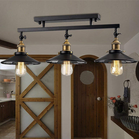 Industrial Vintage 3 Light Semi Flush Ceiling Mount Fixture with black metal finish in a cozy kitchen setting