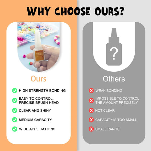 Comparison chart showing advantages of Clear Jewelry Glue For Elastic String With Built-In Brush over other glues.
