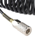 Level Up Your Garage Vibes With This Super Sweet Spiral Air Hose One Quarter Inch ID 16 4 Feet PE Coiled Compressed Air Line Featuring Self Retracting Design That Prevents Tangling And Saves Storage Space For Pro Shop Needs, black coiled hose close-up