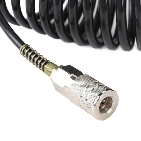 Level Up Your Garage Vibes With This Super Sweet Spiral Air Hose One Quarter Inch ID 16 4 Feet PE Coiled Compressed Air Line Featuring Self Retracting Design That Prevents Tangling And Saves Storage Space For Pro Shop Needs, black coiled hose close-up