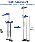 Pro Grade Aluminum Drywall Stilts 15 To 23 Inch Adjustable Lifts for taping, silver stilts showing height adjustment from 15 to 23 inches.