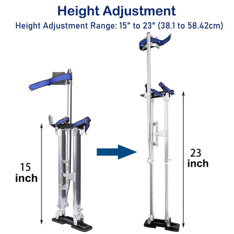 Pro Grade Aluminum Drywall Stilts 15 To 23 Inch Adjustable Lifts for taping, silver stilts showing height adjustment from 15 to 23 inches.