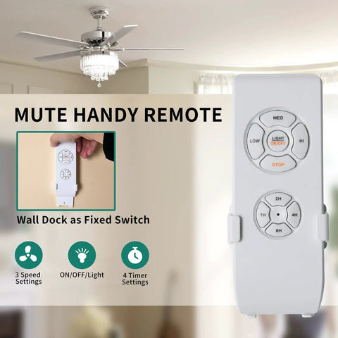 Remote for Dope Chandelier Style Ceiling Fan With Remote And Light, 52 Inch Fandelier, showing controls and wall dock.