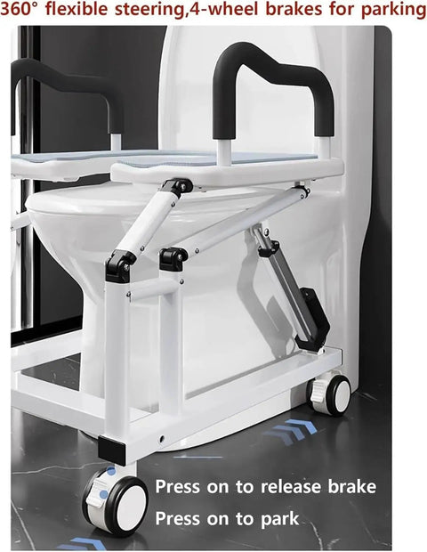 Heavy Duty Electric Toilet Seat Raiser With Solid Grip Handles Adjustable Height Lift Chair rechargeable battery, showing 360° flexible steering and 4-wheel brakes.