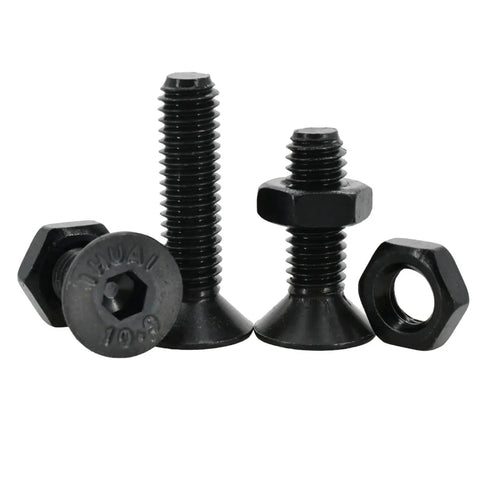 Flat Head Hex Bolt Nut Set Kit M2 Through M6 Black Grade 10.9 Steel Countersunk Socket Screws For DIY Metalworking Projects And Your Go-To Heavy Duty Fastening For Automotive And Home Projects And Quick Install Applications. black DIN7991 flat head bolts and nut
