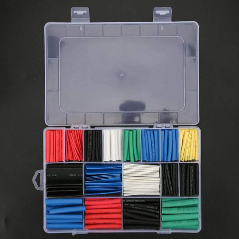 Dope 670 Piece Mixed Color Heat Shrink Cable Sleeve Kit For Wire Identification Garage Workshop Auto Mechanic Projects And Electrical Repairs With Flame Retardant Durable Pe Material You Gotta Get open case with assorted heat shrink sleeves in red, blue, black, white, green, and yellow