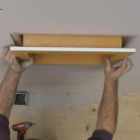 Installing Kerdi Board Prefabricated Shower Niche With Pre Sealed Inside Corners for Bathroom Renovation 12 Inch Wide by 12 Inch High Waterproof Niche Ideal for Tile Compatibility and Quick Install.