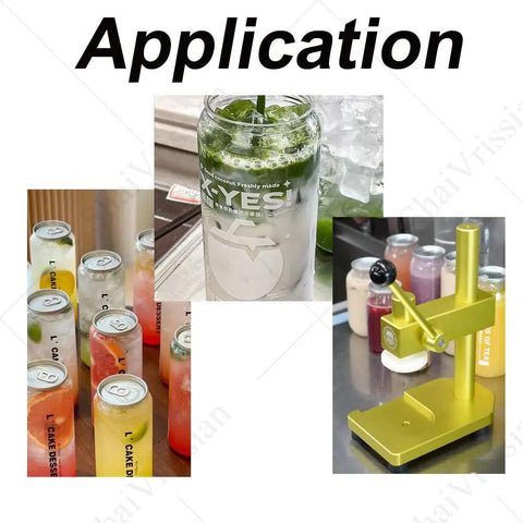 Image showcasing Easy Manual Can Sealer For Home Brewing And Beverage Preservation Fits All Standard Sizes With Secure Seal To Stop Spills Made From Light Aircraft Grade Aluminum For Long Lasting Results Every Single Time in action with various canned drinks.