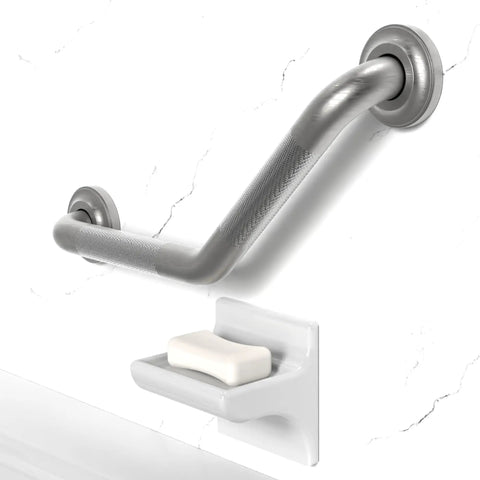 Angled Wall Mount Grab Bar 1 1/4 Inch with Knurled Grip for Stud Installation, ADA Compliant Heavy Duty 500 Lb Support, Rustproof Stainless Steel Bathroom Safety Rail in Brushed Nickel, installed above a soap dish