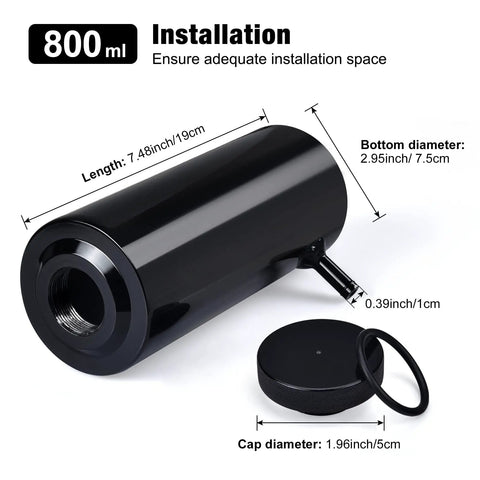 Premium Aluminum Coolant Overflow Tank And Radiator Reservoir Bottle With 800ml Capacity shown with dimensions and cap detail.