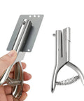 Beefy Heavy Duty 1/8 Inch Single Hole Punch With Ultra Long Depth Up To 53mm, shown punching a business card and in side view.