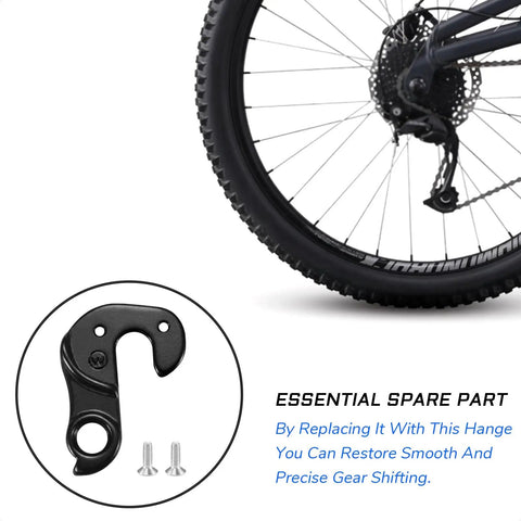 Universal Derailleur Hanger Replacement For Trek Specialized Giant Cannondale Santa Cruz Diamondback Raleigh Scott GT And More For Mountain Bikes And Road Bicycles Smooth Shifting Easy Install, aluminum hanger with screws next to a bicycle wheel