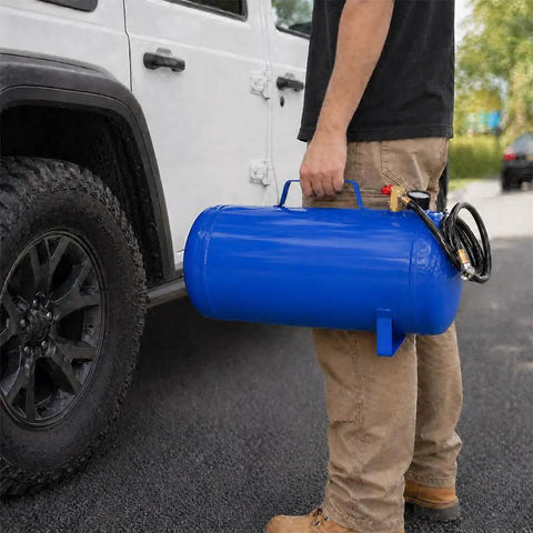 Aynuma 11 Gallon Portable Air Tank Heavy Duty Metal Compressor, being held for inflating tires on the go.