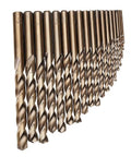 Pro Grade M35 Cobalt Drill Bit Kit With 19 Precision Pieces Spanning One To Ten Millimeters in a fanned-out display, showing sizes.