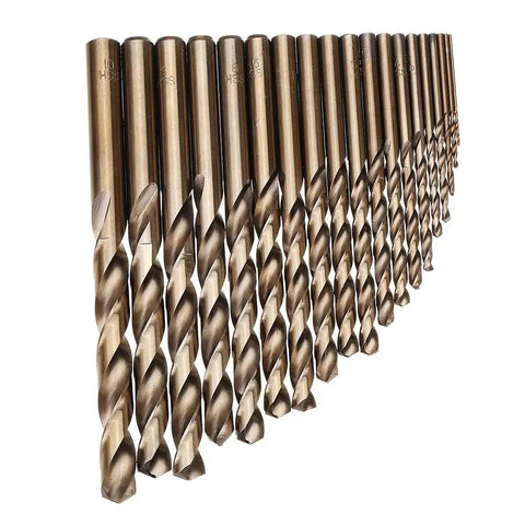 Pro Grade M35 Cobalt Drill Bit Kit With 19 Precision Pieces Spanning One To Ten Millimeters in a fanned-out display, showing sizes.