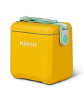 Yellow Strapped Picnic Style 11 Quart Cooler with Adjustable Crossbody Strap for Hands Free Carry and Lid Locks Spill Proof Design