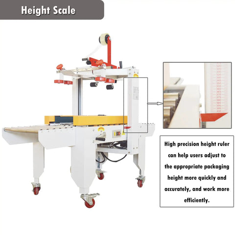 Intsumai Auto Tape Case Sealer Box Carton Packing Machine Adjustable Width Height 3.15 To 11.8 Inches with height scale for precise adjustments.