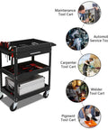 Beefy Three Tier Rolling Tool Cart With Drawer On Wheels, 330 LBS Capacity Heavy Duty Utility Cart With Two Brakes, Industrial Steel Tool Organizer For Garage, Mechanic Shop, Warehouse And Repair Bay. Black steel 3-tier rolling tool cart with drawer and wheels.