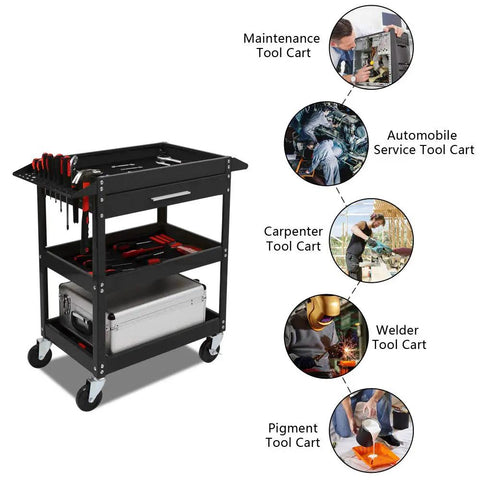 Beefy Three Tier Rolling Tool Cart With Drawer On Wheels, 330 LBS Capacity Heavy Duty Utility Cart With Two Brakes, Industrial Steel Tool Organizer For Garage, Mechanic Shop, Warehouse And Repair Bay. Black steel 3-tier rolling tool cart with drawer and wheels.